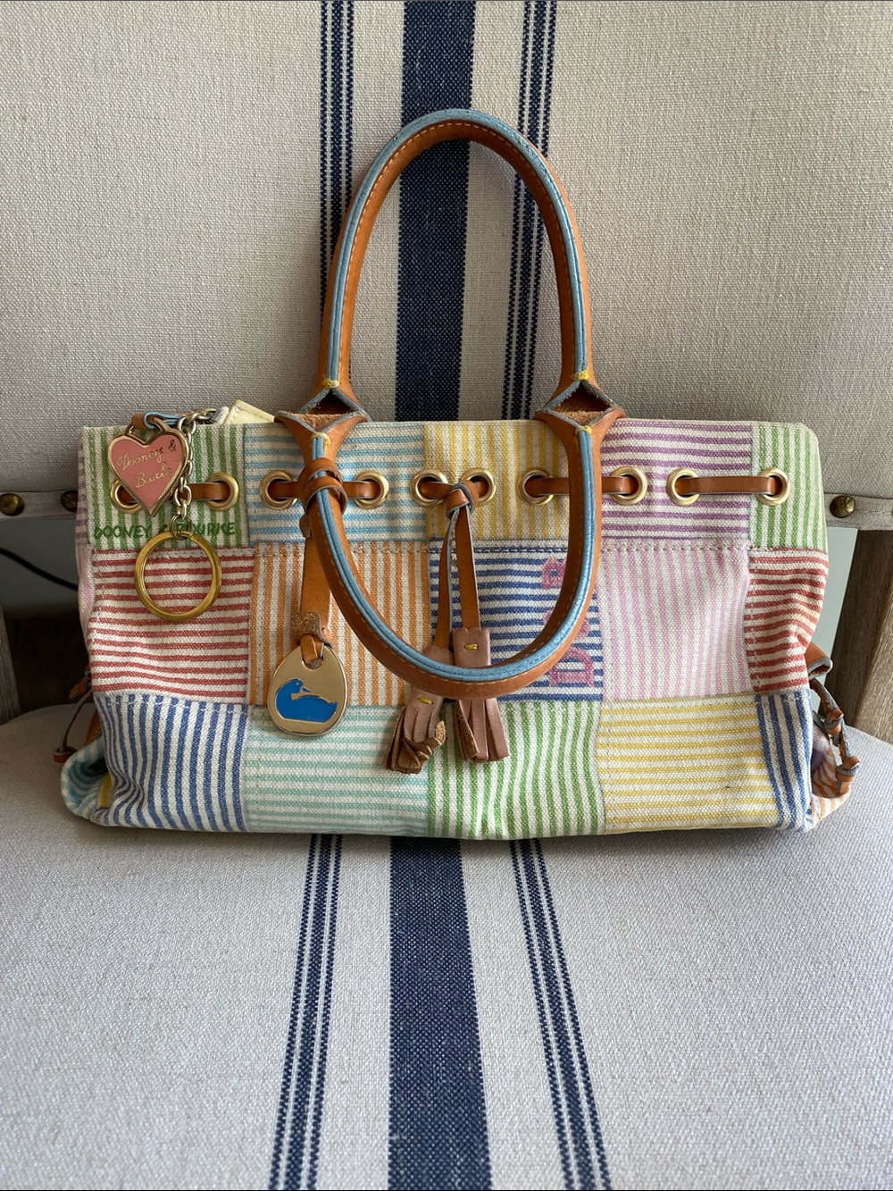 Dooney & Bourke Vintage multicolor Striped Patchwork Satchel with Tan Leather